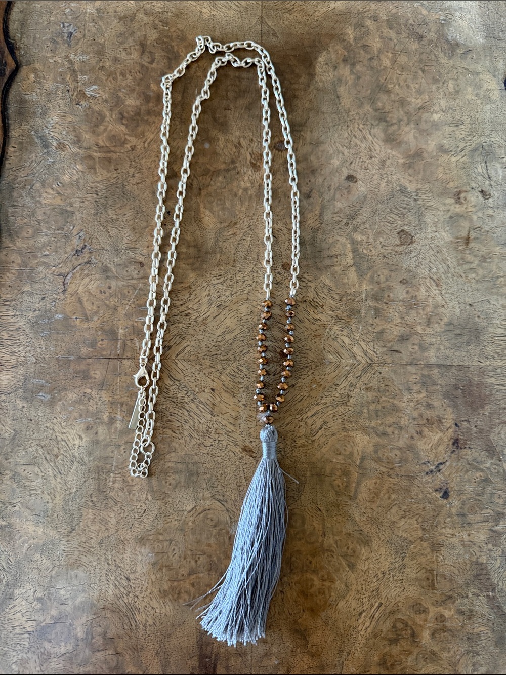 Long Gold Chain Necklace with Brown Beads and Gray Tassel